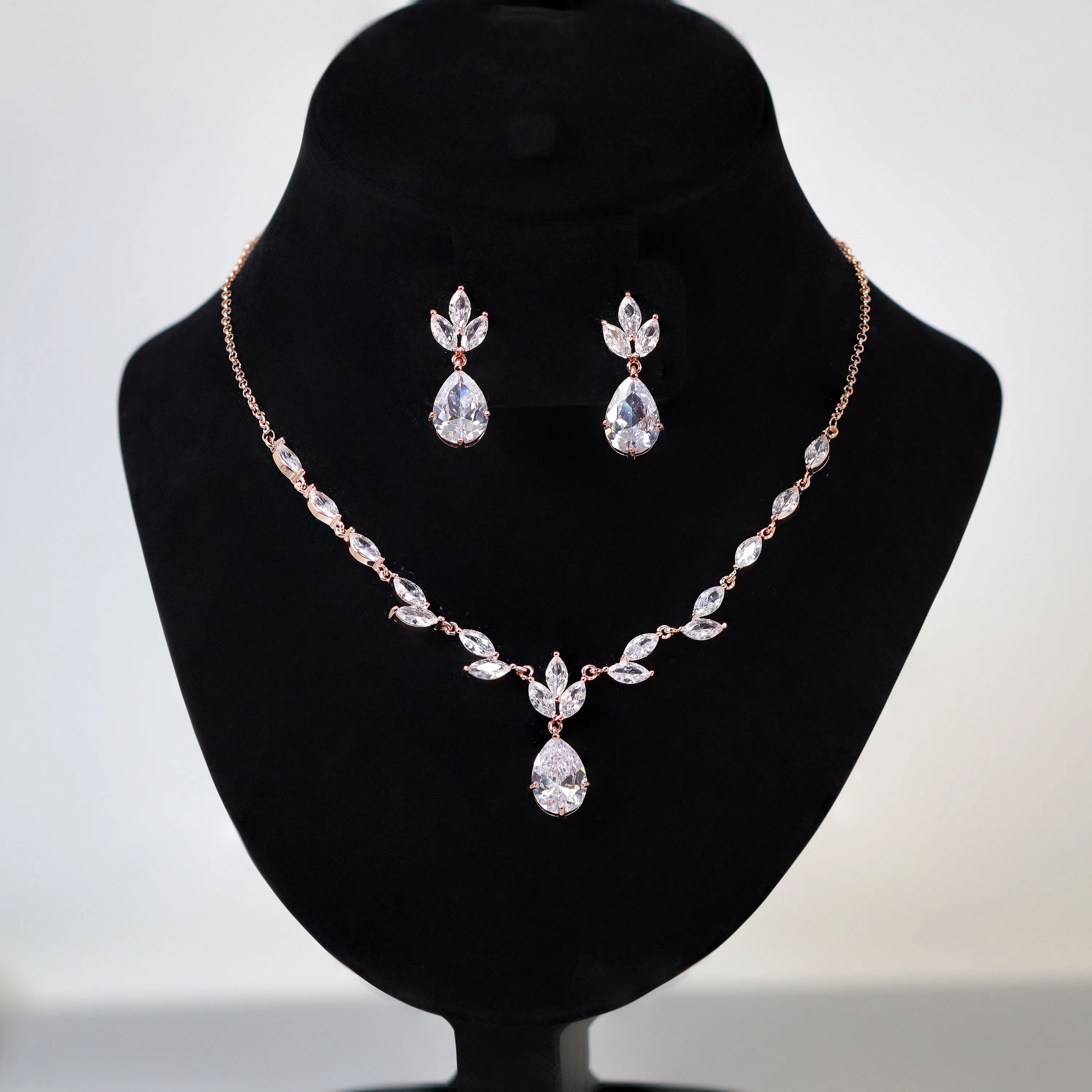 Divine Dewdrops: Swarovski Crystal Vine and Leaf Necklace Set, Statement Earring And Necklace Set, CZ Necklace set