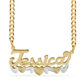 Double Name Necklace w/Beading-Rhodium with Cuban chain