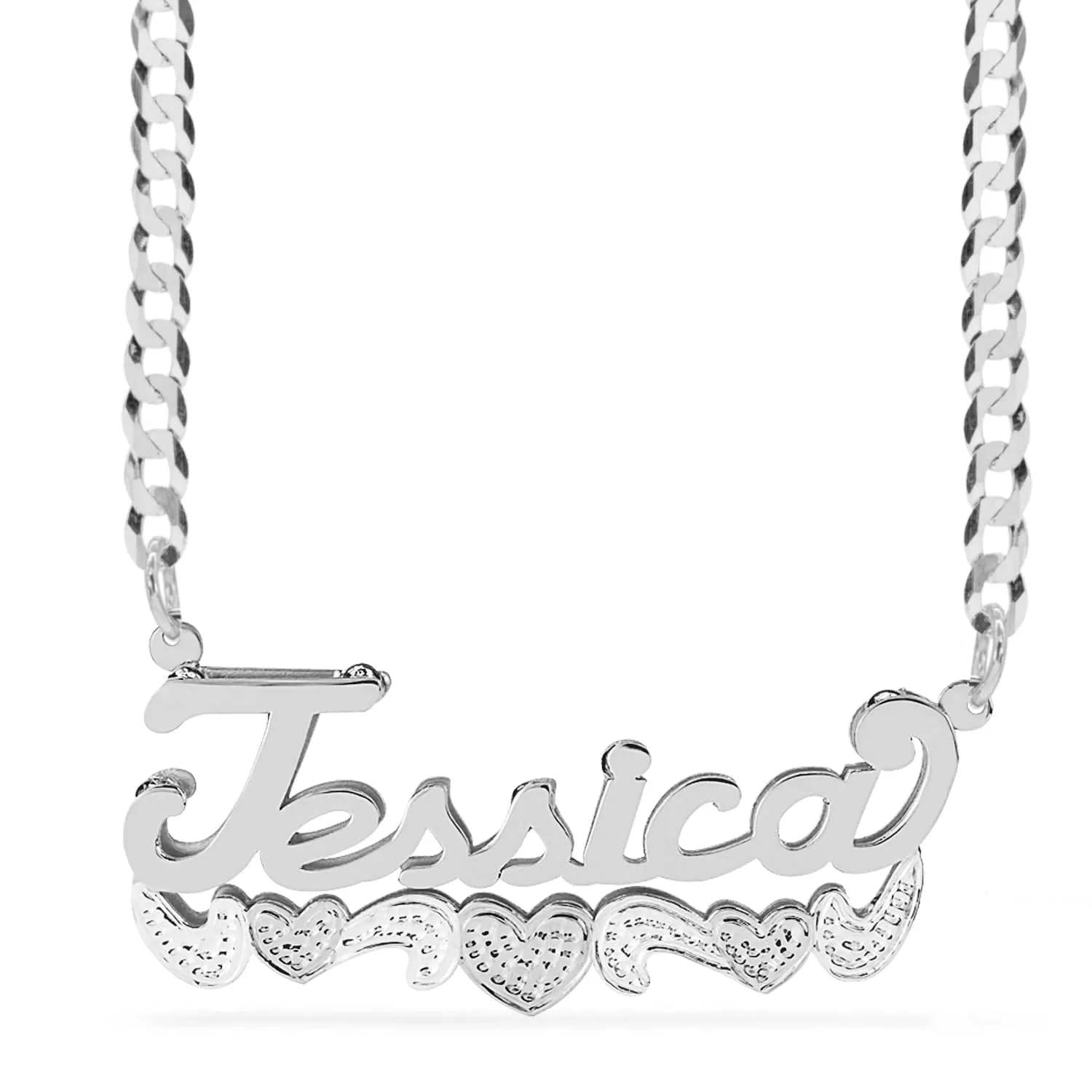 Double Name Necklace w/Beading-Rhodium with Cuban chain