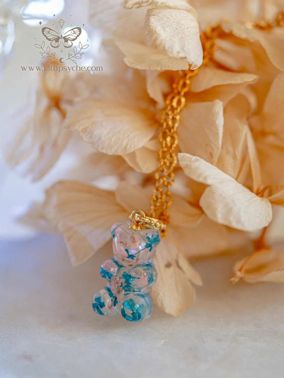 Dried flowers candy bear charm, Gummy bear Necklace