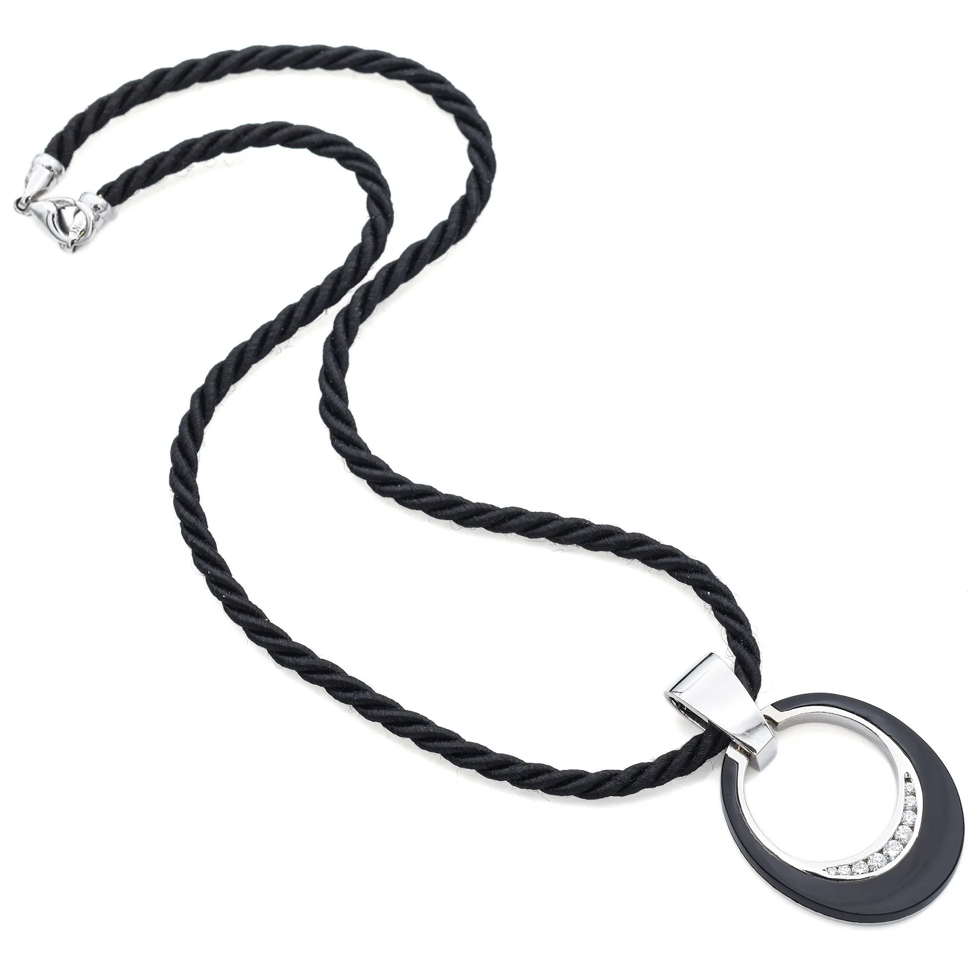 Estate Onyx and 0.27 TCW Diamond 14K White Gold Pendant & 18K White Gold Cord Necklace