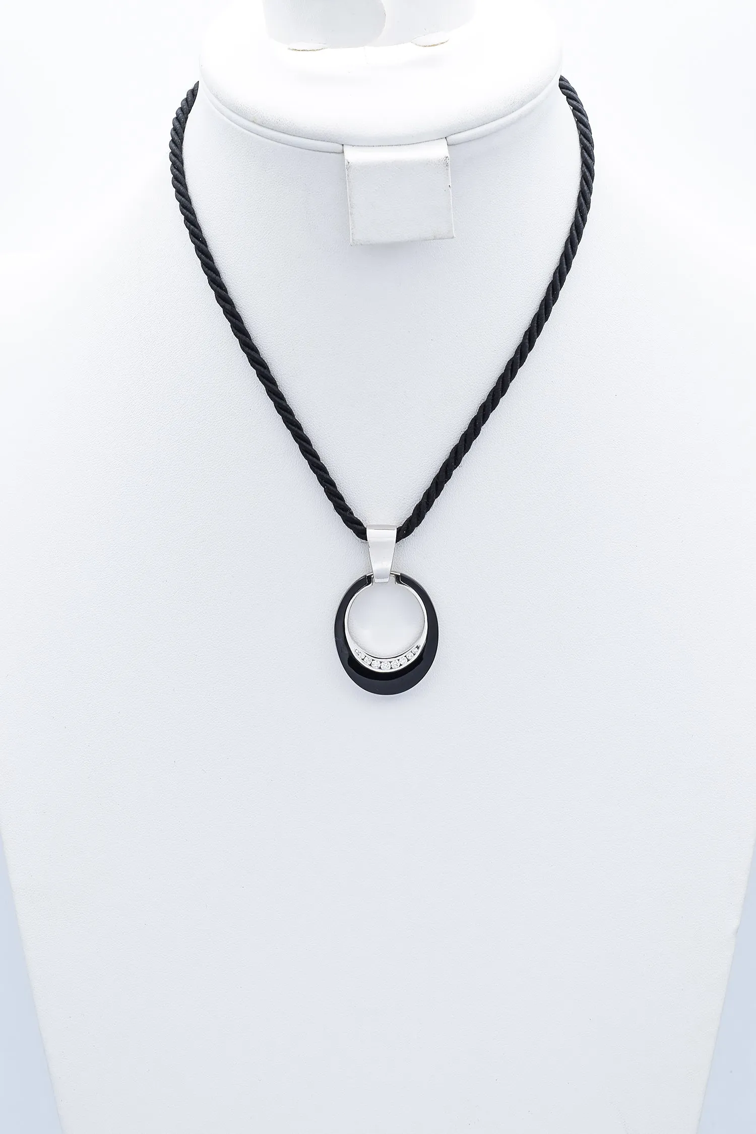 Estate Onyx and 0.27 TCW Diamond 14K White Gold Pendant & 18K White Gold Cord Necklace