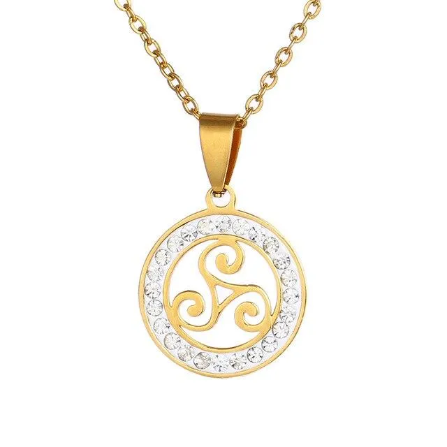 Gold & Silver Triskelion Stainless Steel Pendant Necklace with Zirconia Crystals