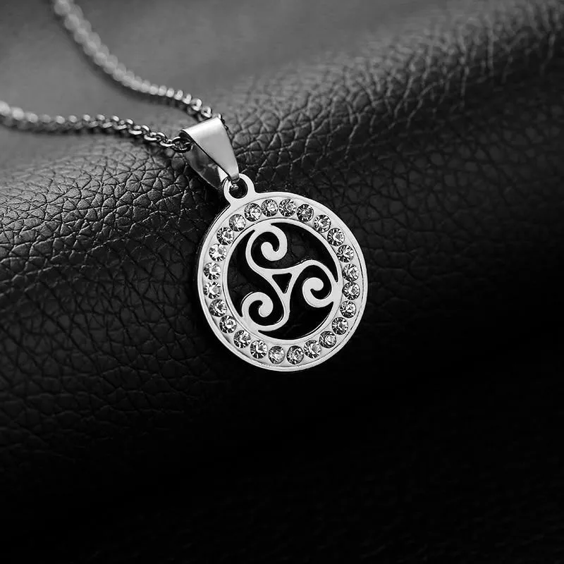 Gold & Silver Triskelion Stainless Steel Pendant Necklace with Zirconia Crystals