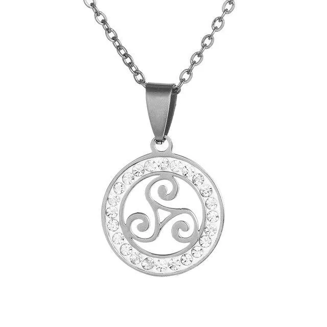 Gold & Silver Triskelion Stainless Steel Pendant Necklace with Zirconia Crystals