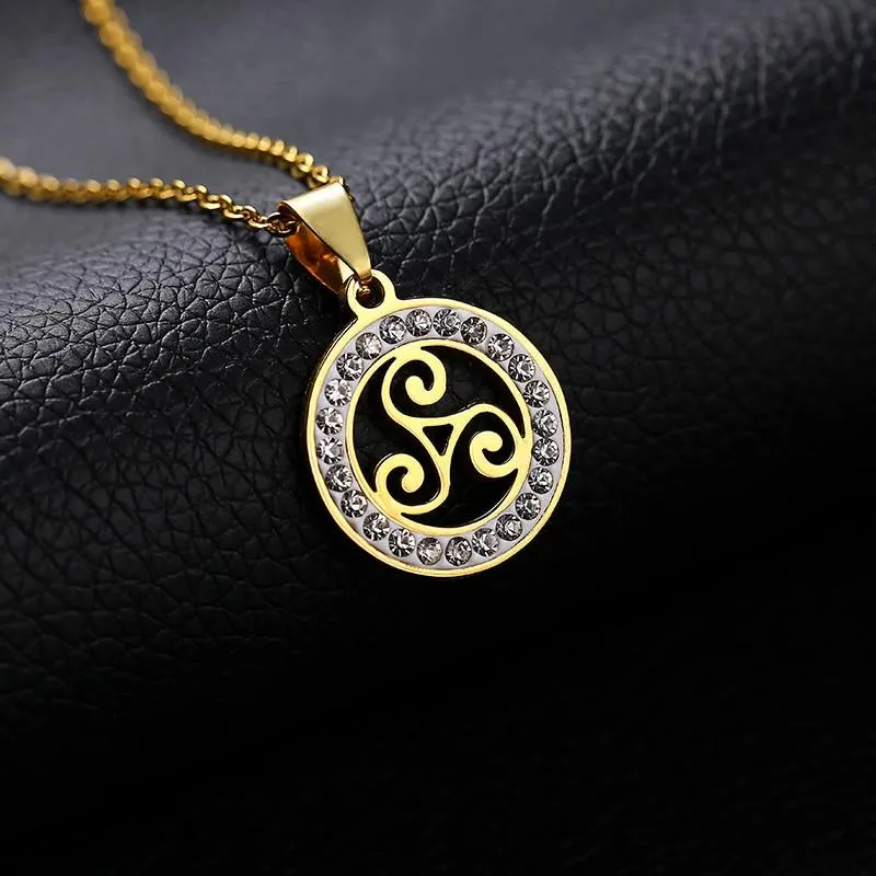 Gold & Silver Triskelion Stainless Steel Pendant Necklace with Zirconia Crystals