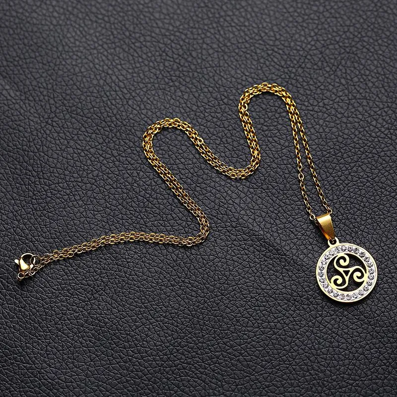 Gold & Silver Triskelion Stainless Steel Pendant Necklace with Zirconia Crystals