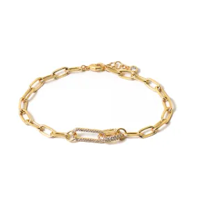 Gold Plated Paper Clip Link Bracelet with 2 CZ Links