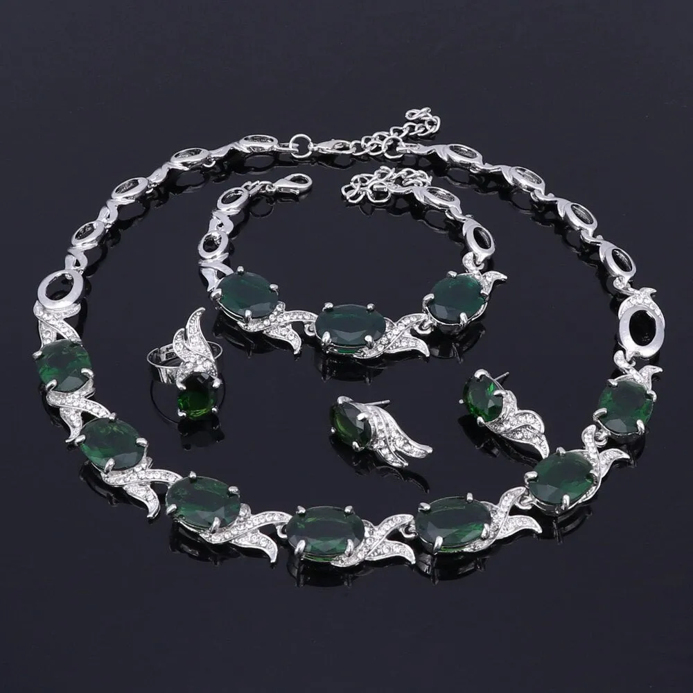 Green Crystal and Rhinestone Necklace, Bracelet, Earrings & Ring Wedding Jewelry Set