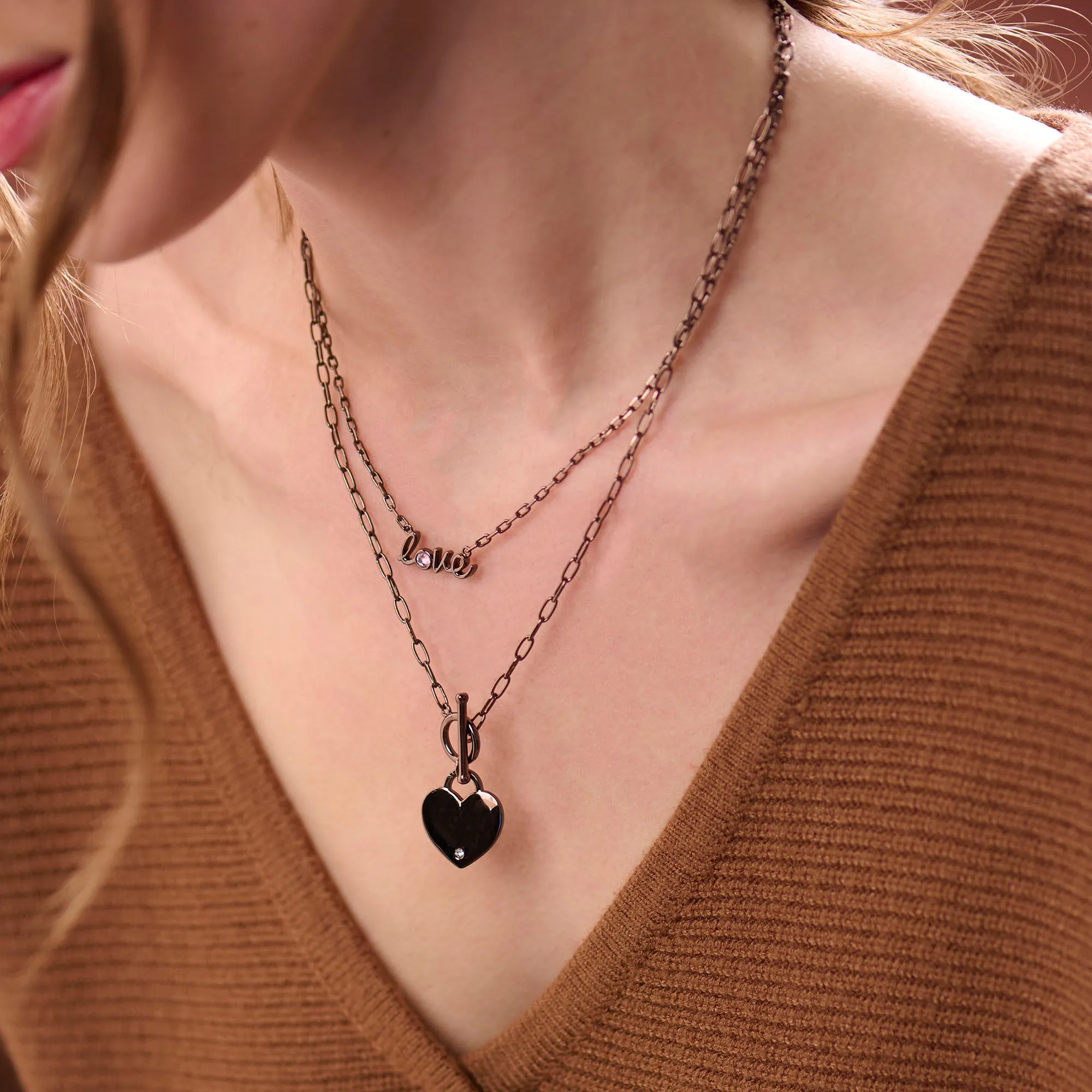 Heart Charm and Crystal Accent Toggle Necklace