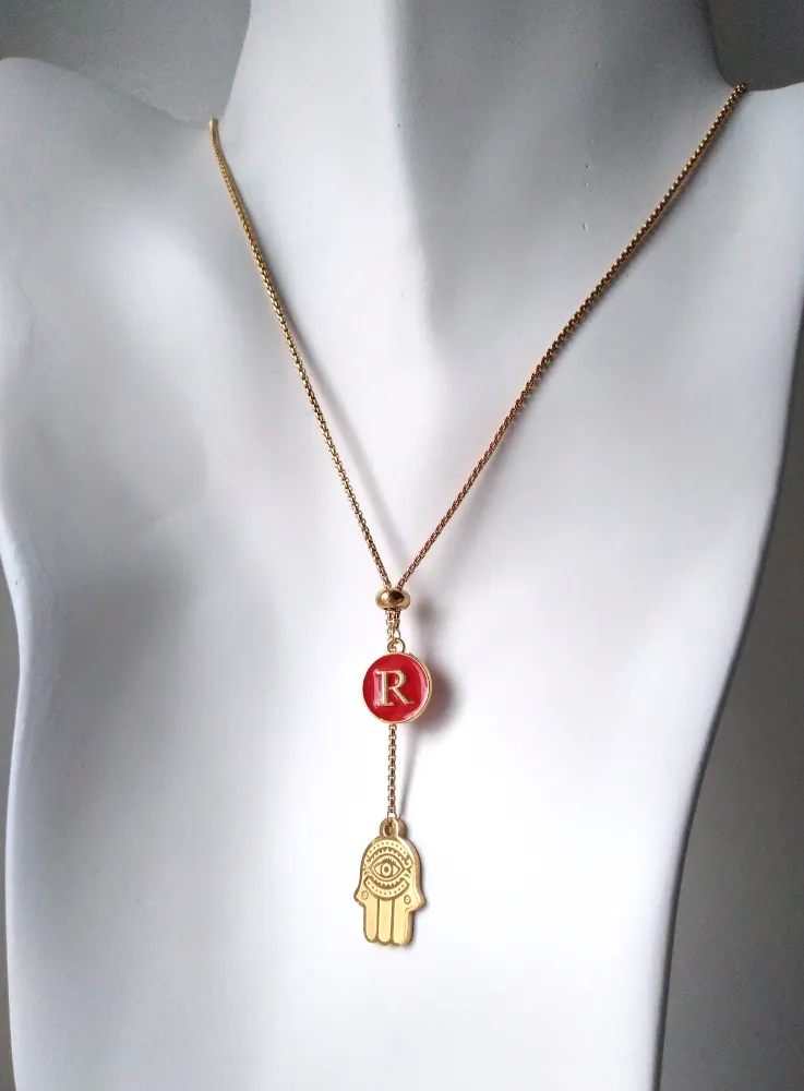 Khamsa with Initials Affirmation Slider Necklace