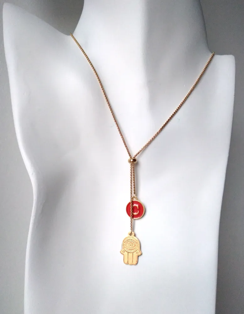 Khamsa with Initials Affirmation Slider Necklace