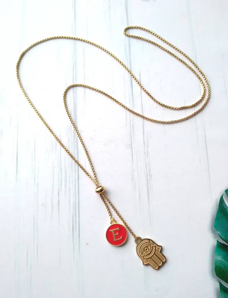 Khamsa with Initials Affirmation Slider Necklace