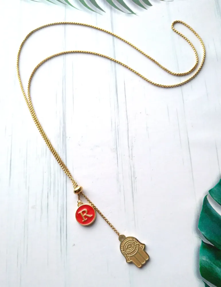 Khamsa with Initials Affirmation Slider Necklace