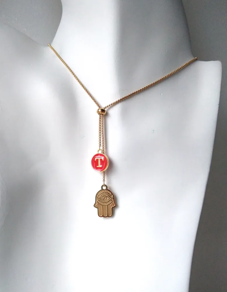 Khamsa with Initials Affirmation Slider Necklace