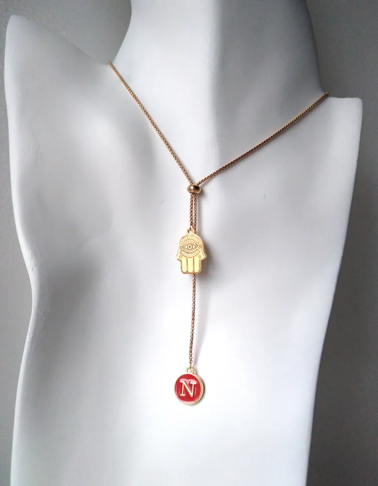 Khamsa with Initials Affirmation Slider Necklace