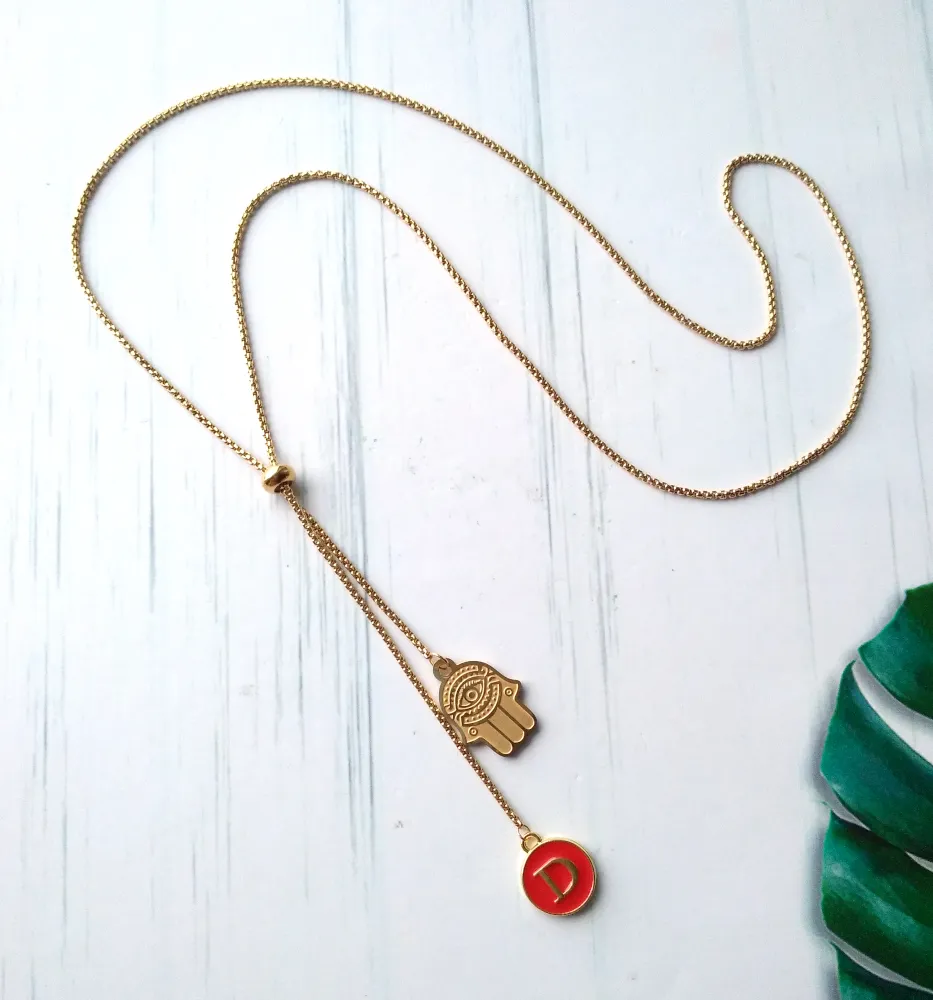 Khamsa with Initials Affirmation Slider Necklace