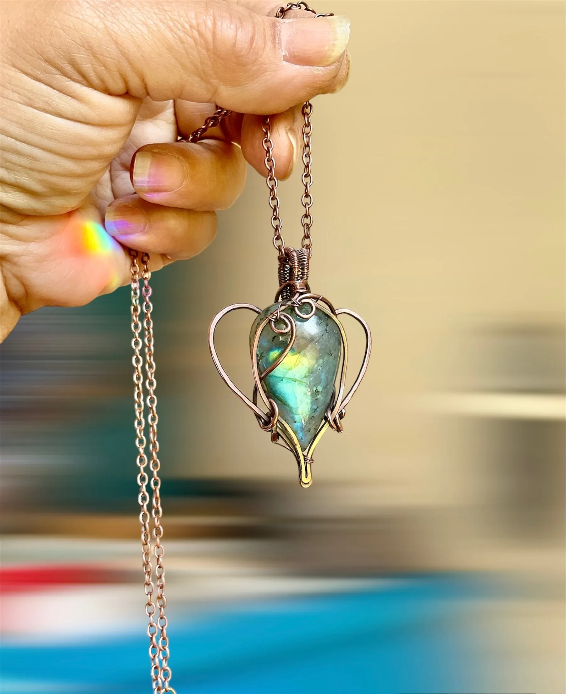 Labradorite Teardrop Shaped Wire Wrapped Pendant