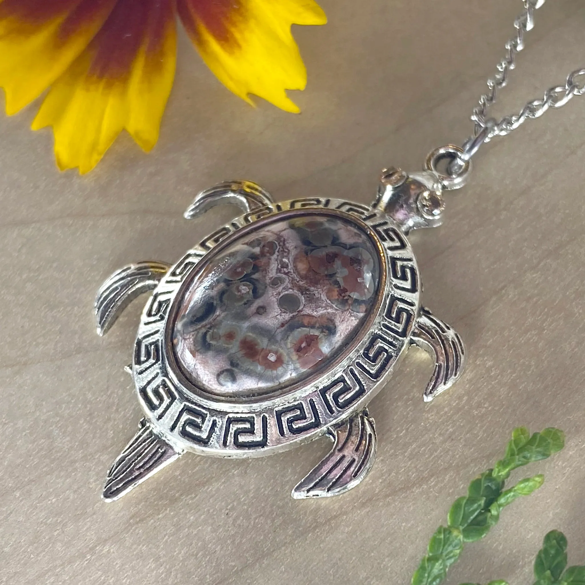 Leopardskin Jasper Turtle Pendant Necklace