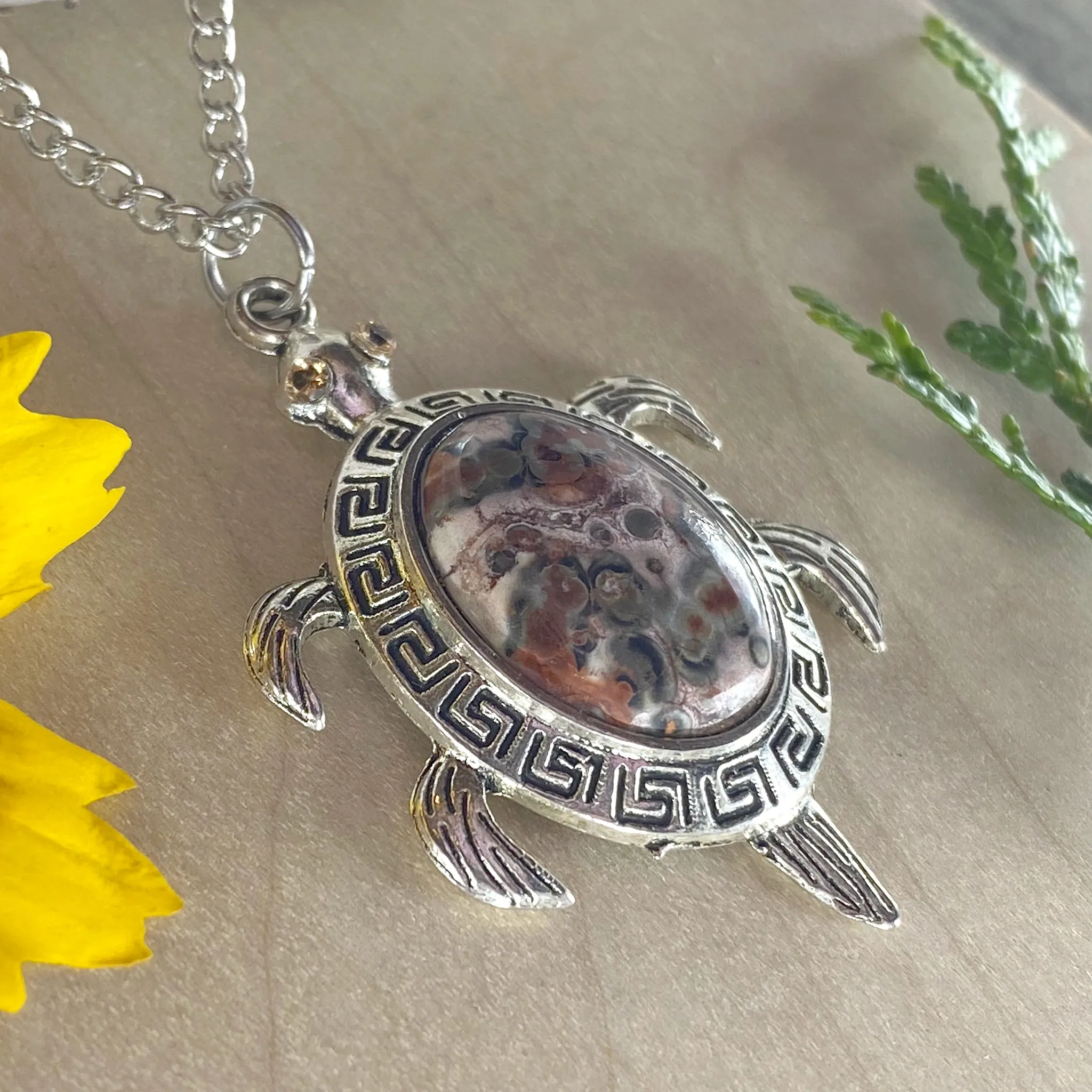 Leopardskin Jasper Turtle Pendant Necklace