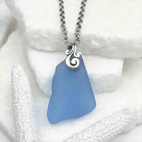 Light Cornflower Blue Sea Glass Pendant with Ocean Waves Bail | #1941