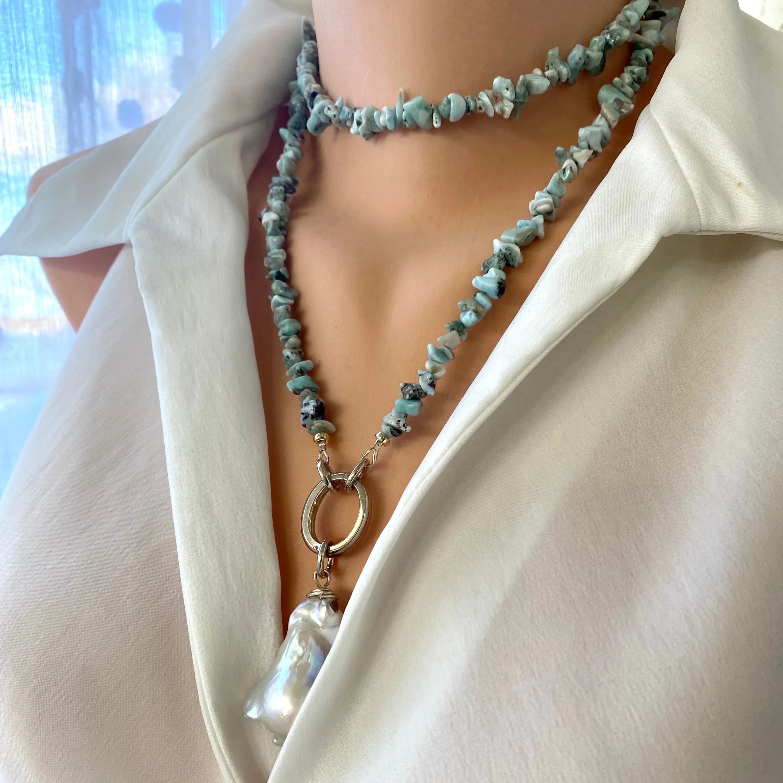 Long Larimar Necklace with an Extra Large Fresh Water Baroque Pearl Pendant