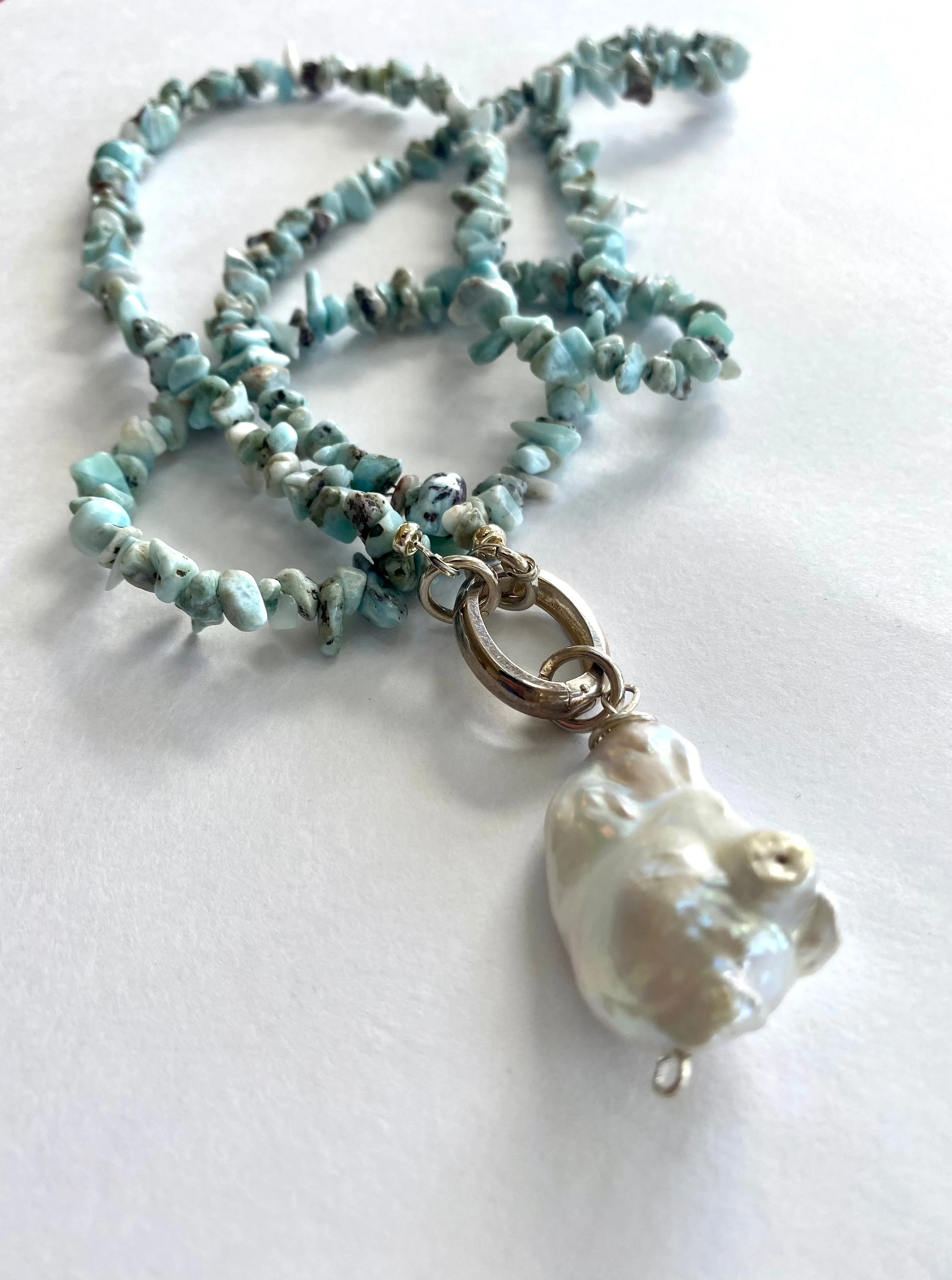 Long Larimar Necklace with an Extra Large Fresh Water Baroque Pearl Pendant