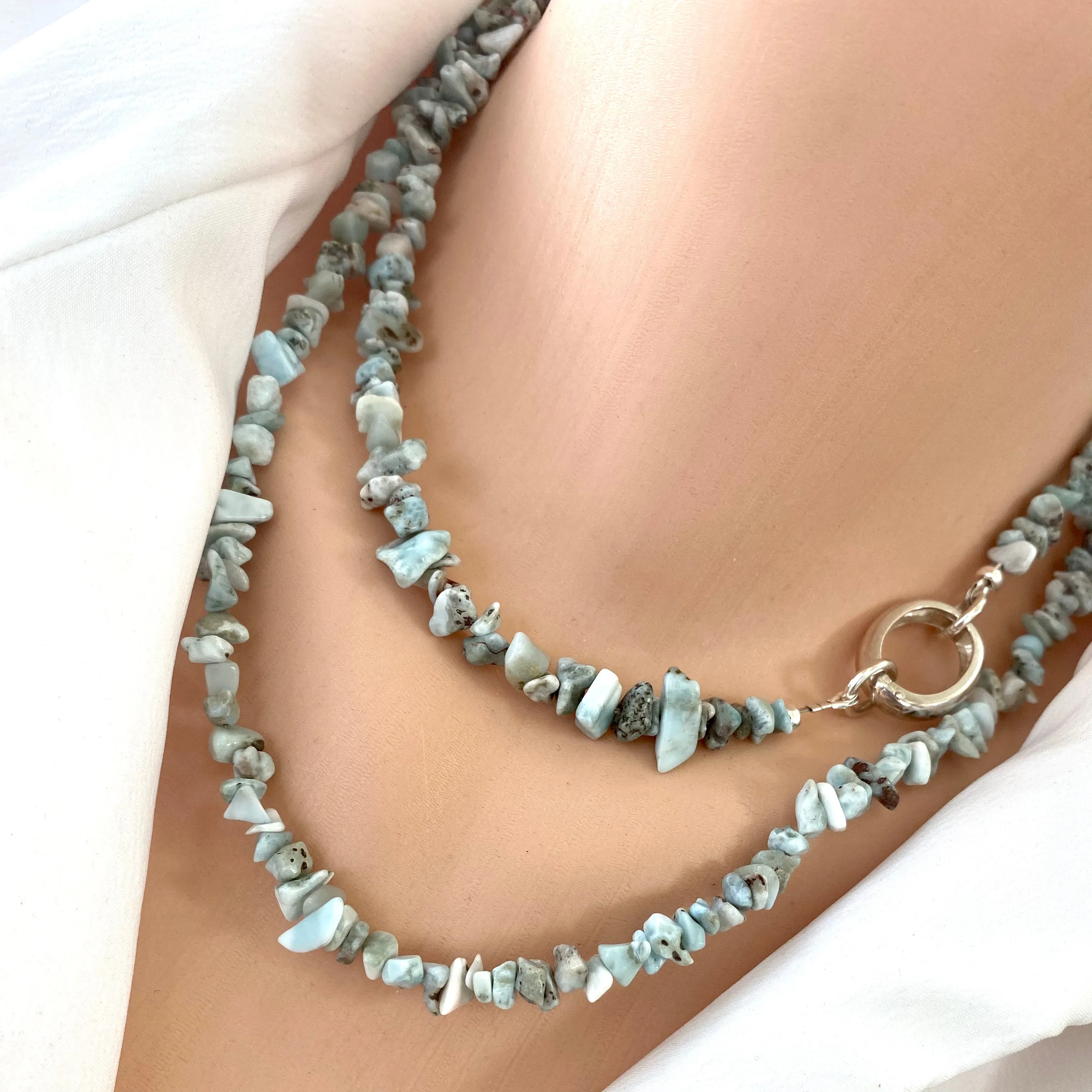 Long Larimar Necklace with an Extra Large Fresh Water Baroque Pearl Pendant