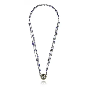 MCL Design Silver Hematite, Blue Hematite, Lapis and Hematite Beaded Statement Necklace with Black Rhodium Plated Sterling Silver, Baby Blue and White Enamels & Black Spinel