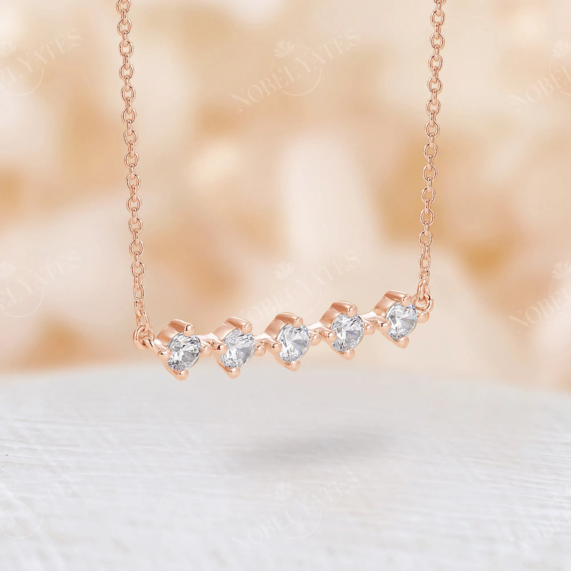 Minimalist Five Stone Round Moissanite Necklace Rose Gold