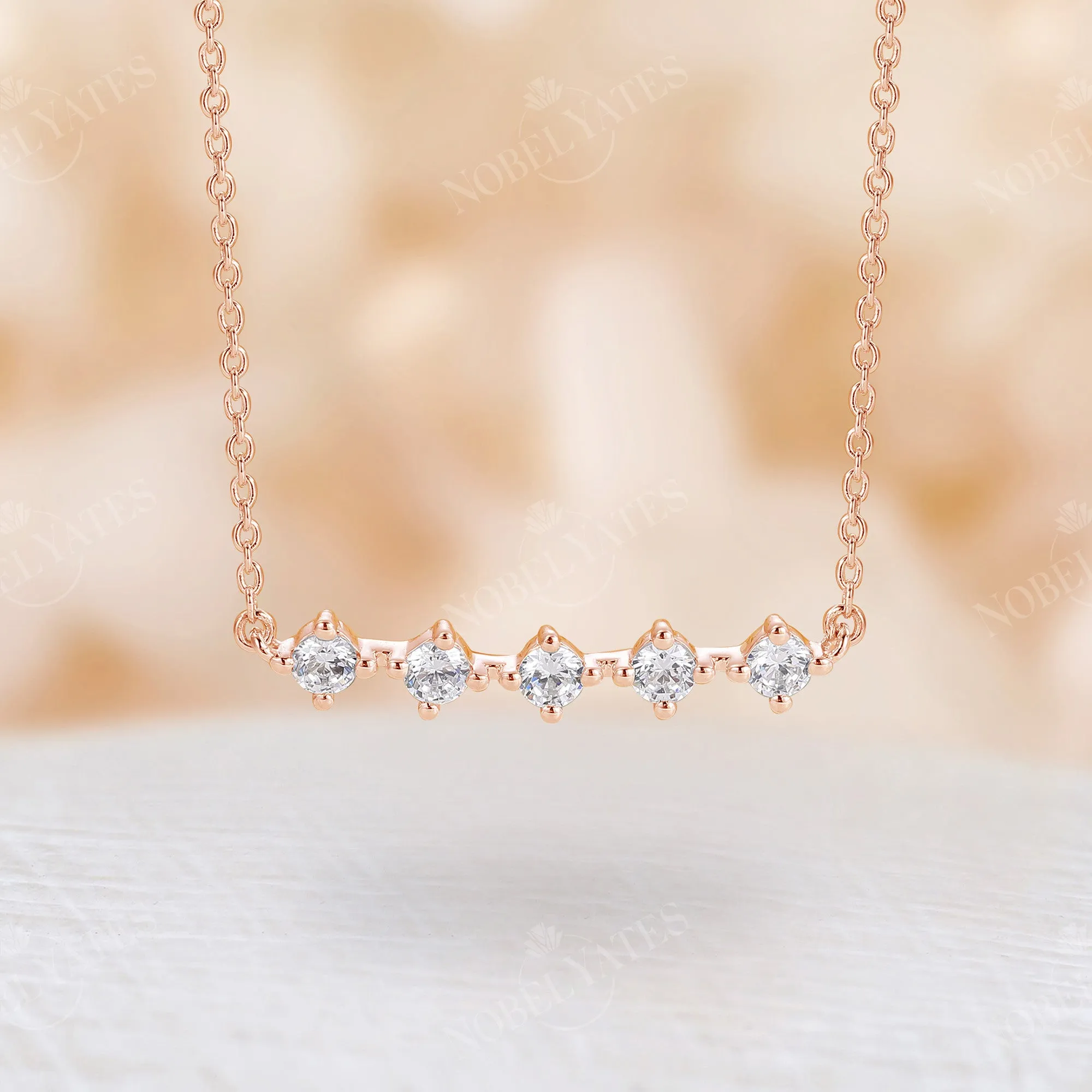 Minimalist Five Stone Round Moissanite Necklace Rose Gold