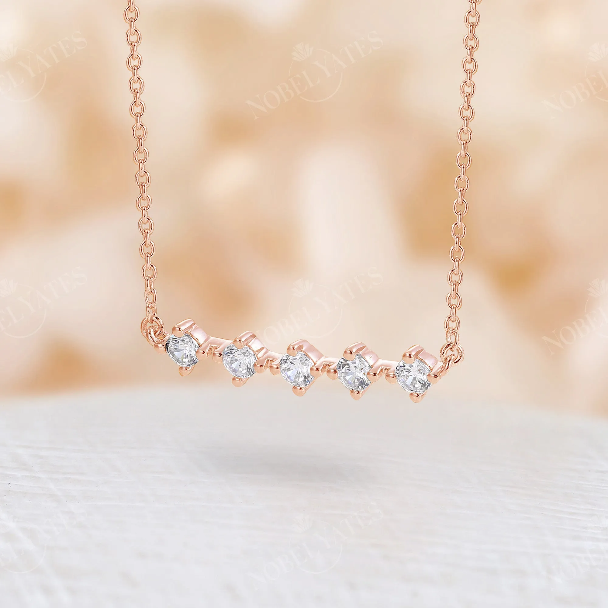 Minimalist Five Stone Round Moissanite Necklace Rose Gold