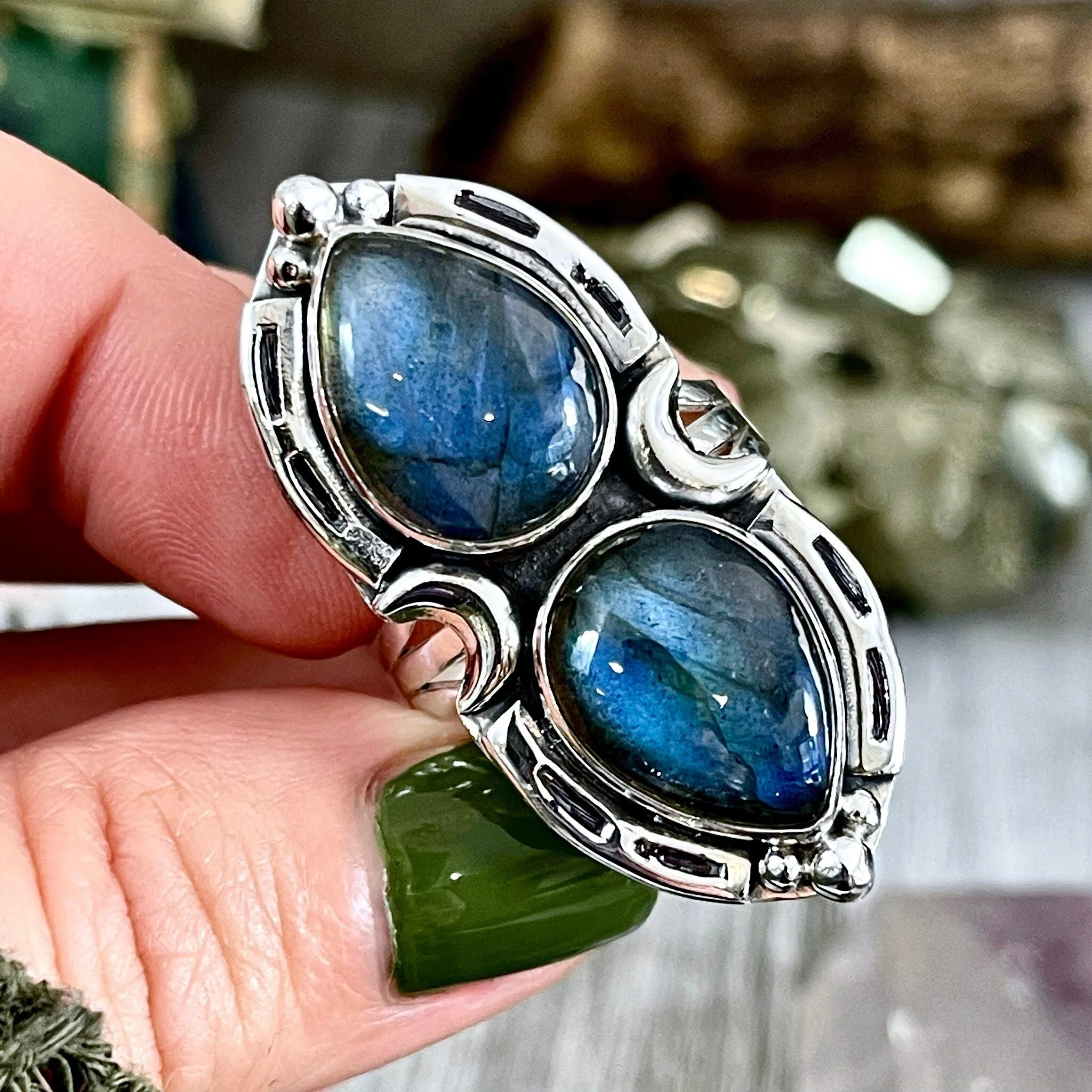 Mystic Moons Labradorite Crystal Ring Sterling Silver Designed FOXLARK Collection Size 6 7 8 9 10 / Big Crystal Ring Witchy Jewelry