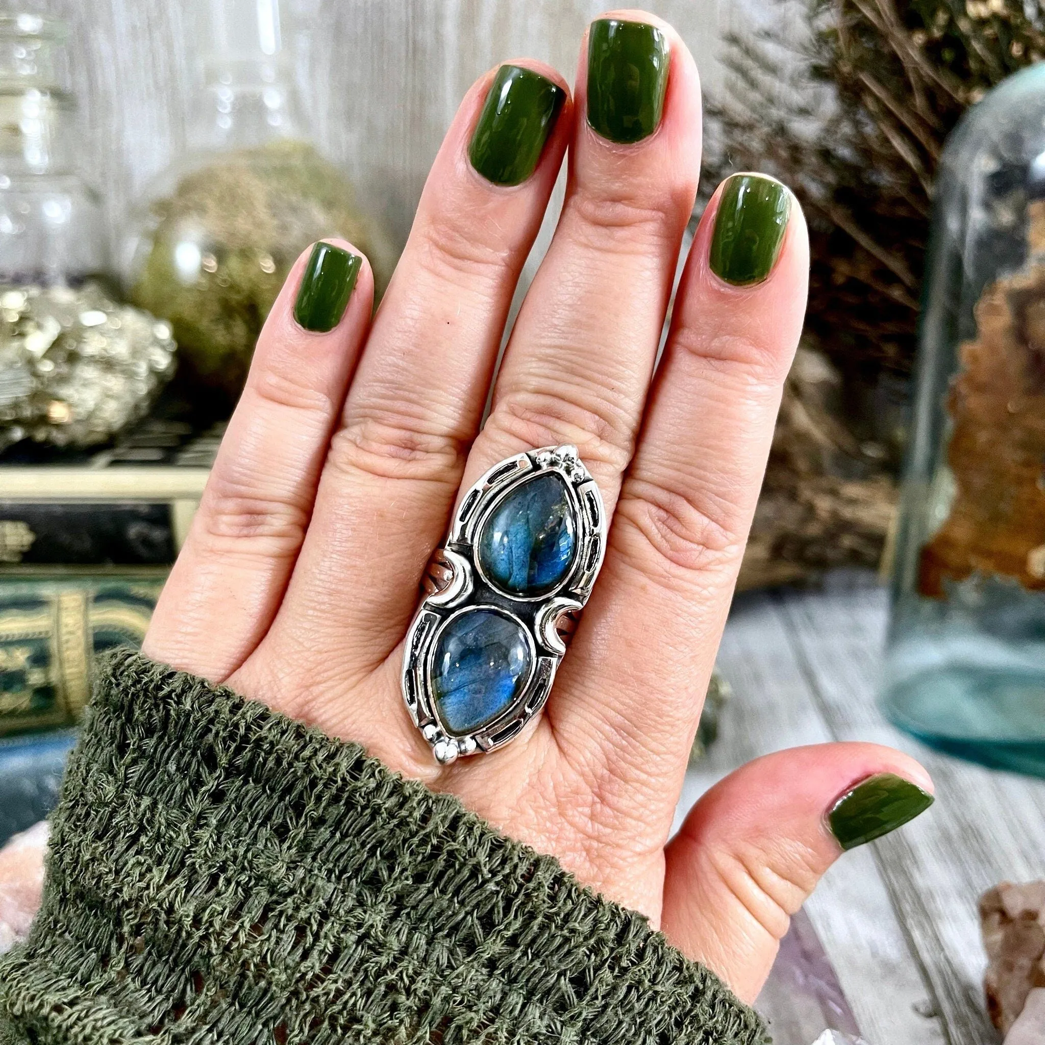 Mystic Moons Labradorite Crystal Ring Sterling Silver Designed FOXLARK Collection Size 6 7 8 9 10 / Big Crystal Ring Witchy Jewelry