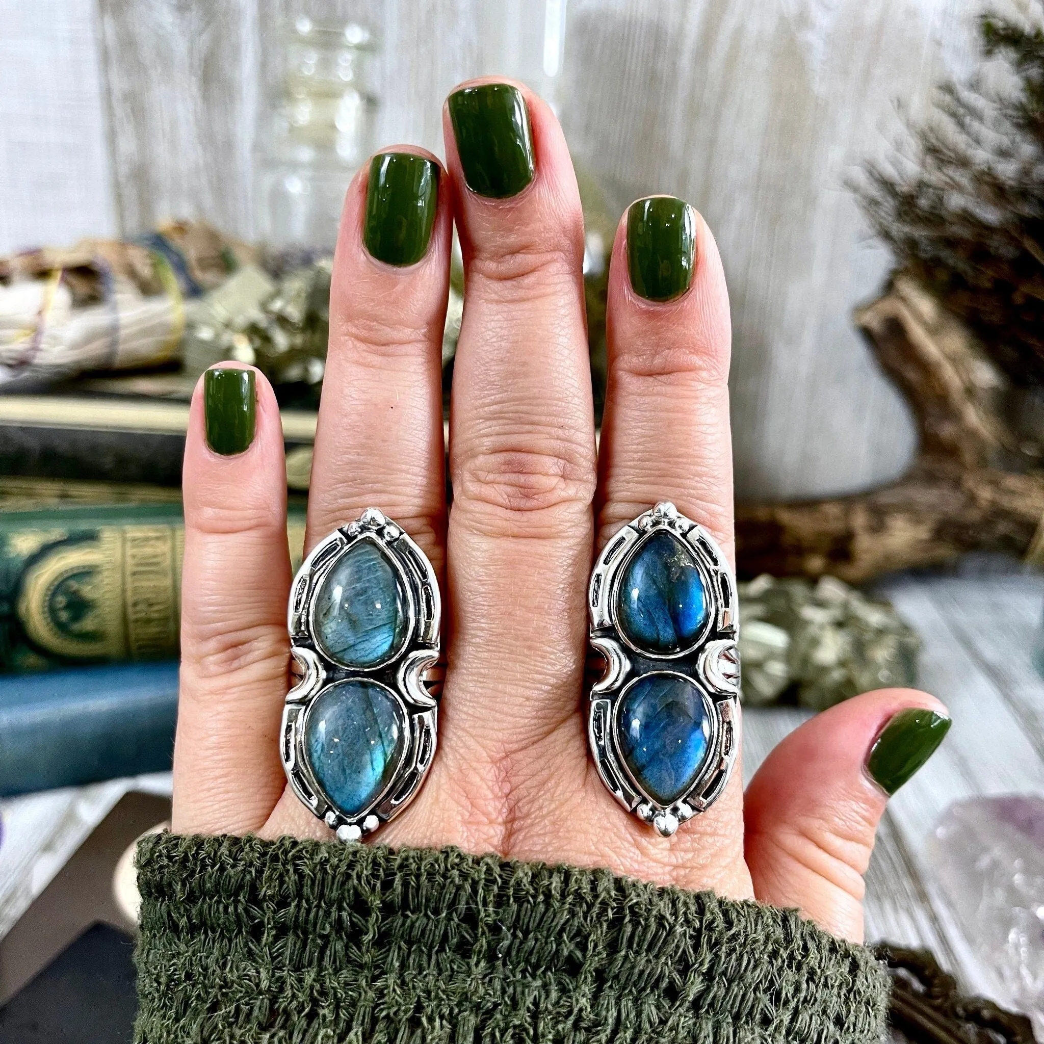 Mystic Moons Labradorite Crystal Ring Sterling Silver Designed FOXLARK Collection Size 6 7 8 9 10 / Big Crystal Ring Witchy Jewelry