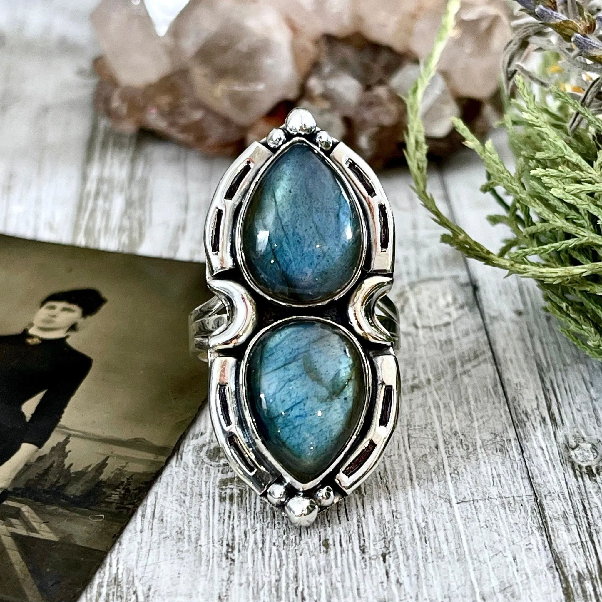 Mystic Moons Labradorite Crystal Ring Sterling Silver Designed FOXLARK Collection Size 6 7 8 9 10 / Big Crystal Ring Witchy Jewelry