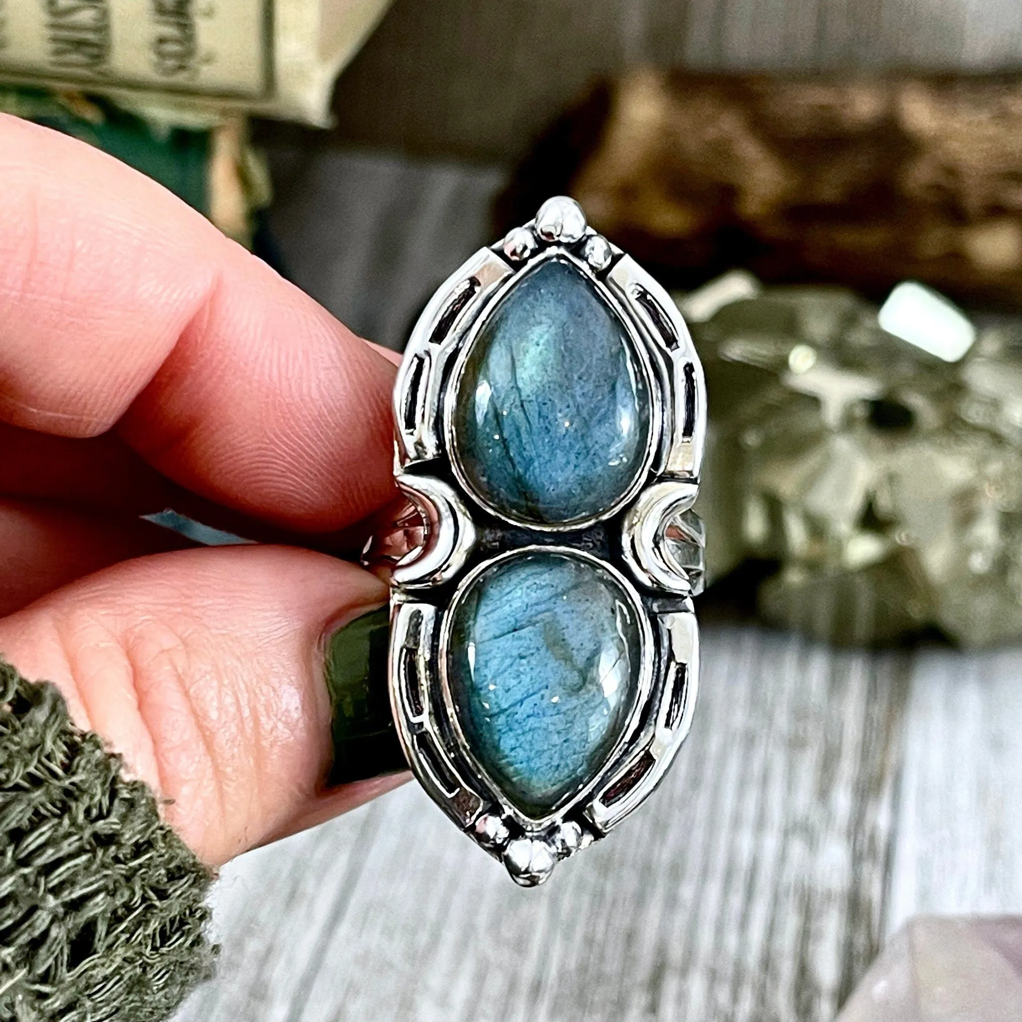 Mystic Moons Labradorite Crystal Ring Sterling Silver Designed FOXLARK Collection Size 6 7 8 9 10 / Big Crystal Ring Witchy Jewelry