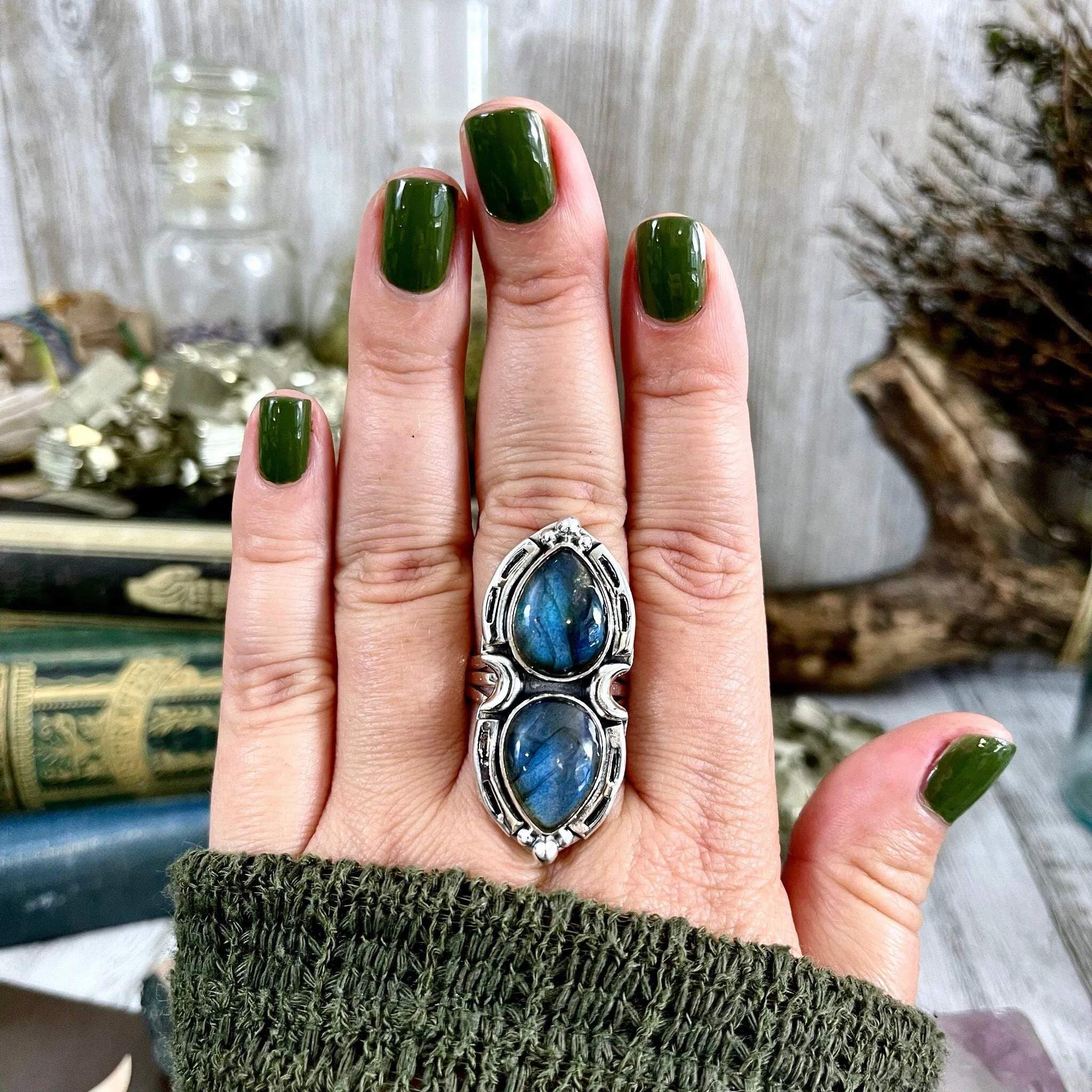 Mystic Moons Labradorite Crystal Ring Sterling Silver Designed FOXLARK Collection Size 6 7 8 9 10 / Big Crystal Ring Witchy Jewelry