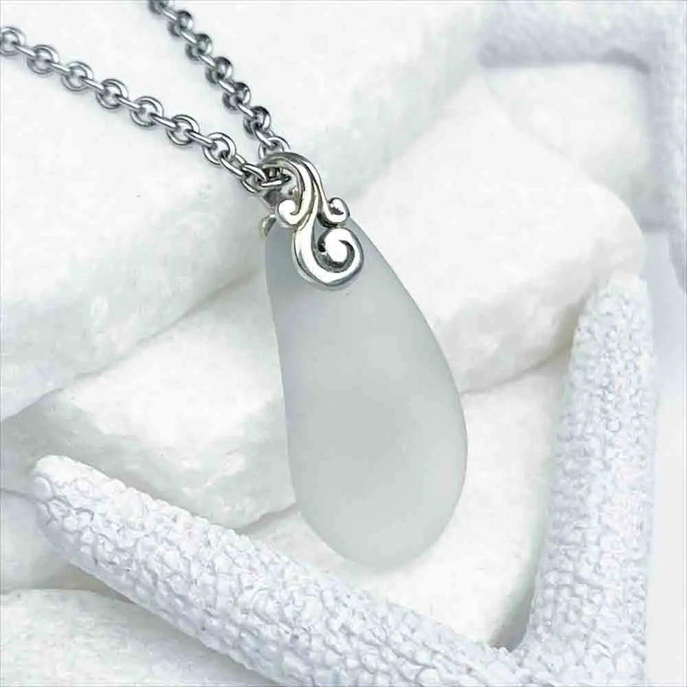 Oblong Crystal Clear Sea Glass Pendant | #5176