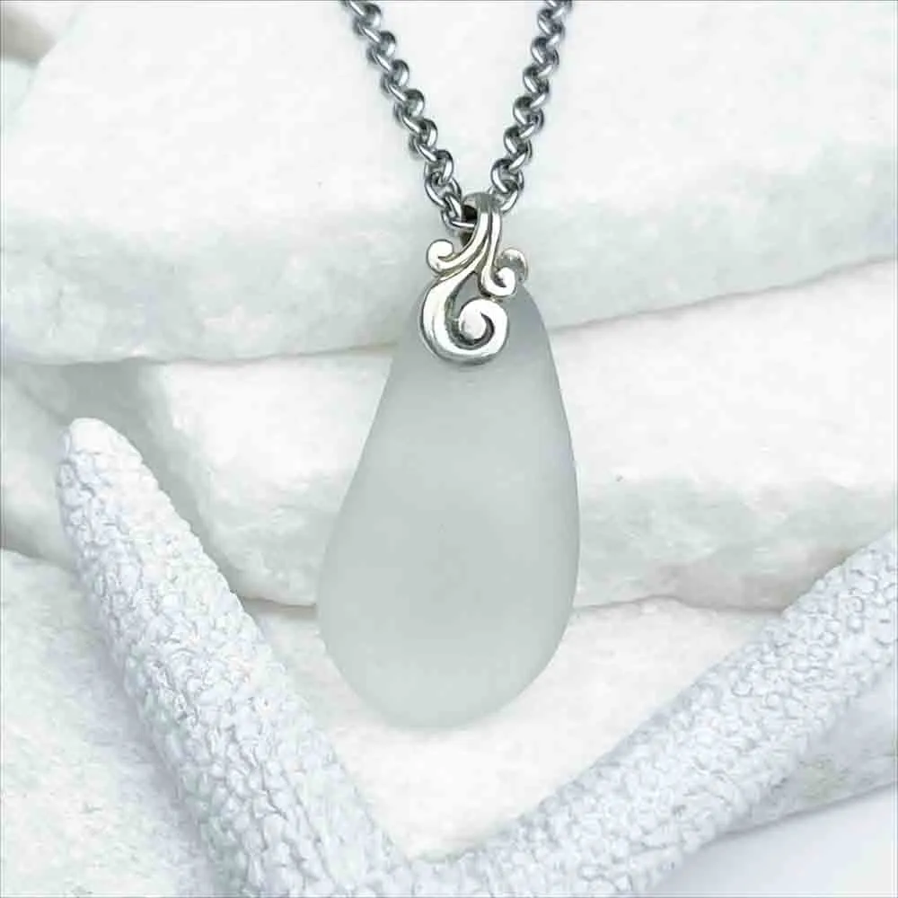 Oblong Crystal Clear Sea Glass Pendant | #5176