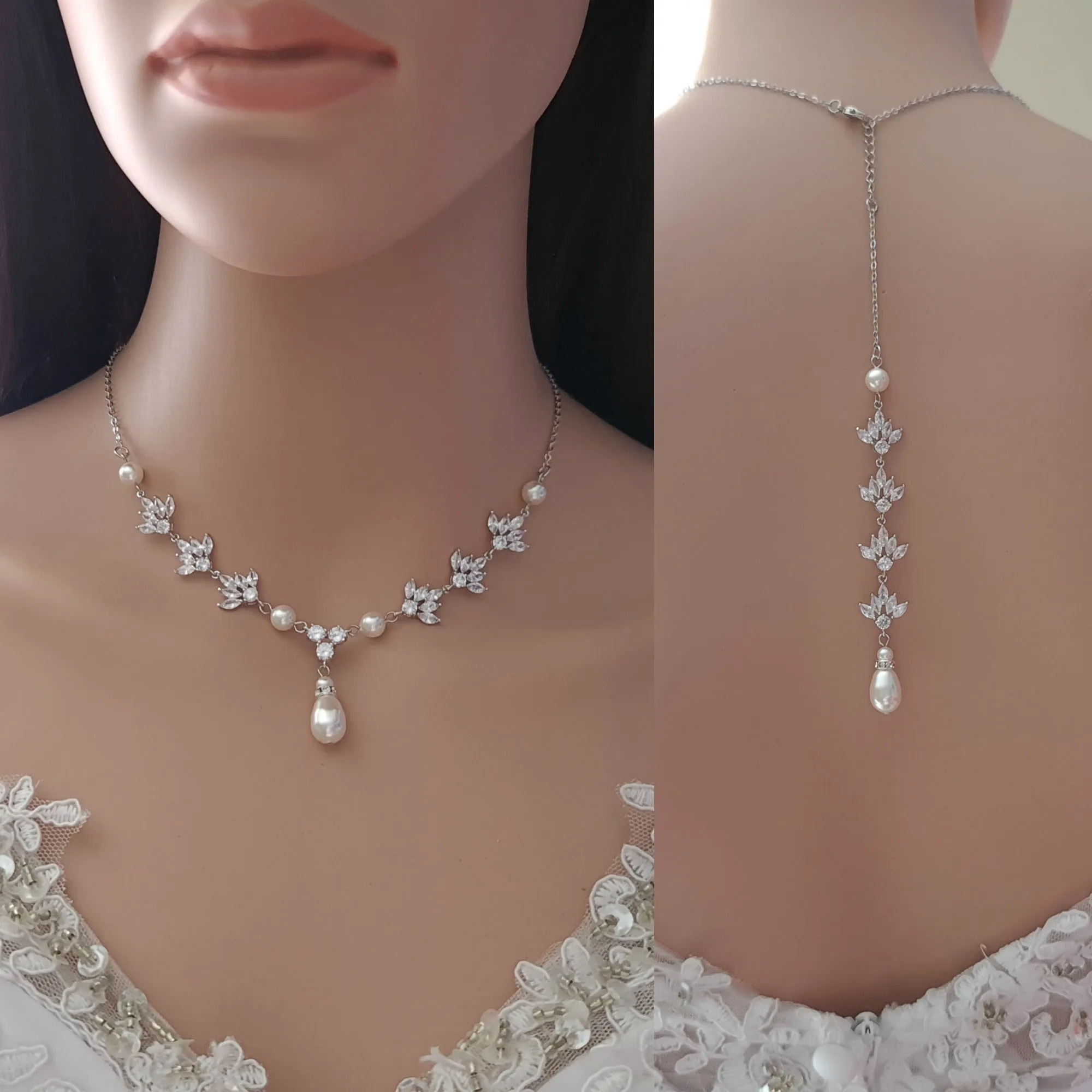 Pearl and Crystal Wedding Necklace with Backdrop for Bride-Rosa