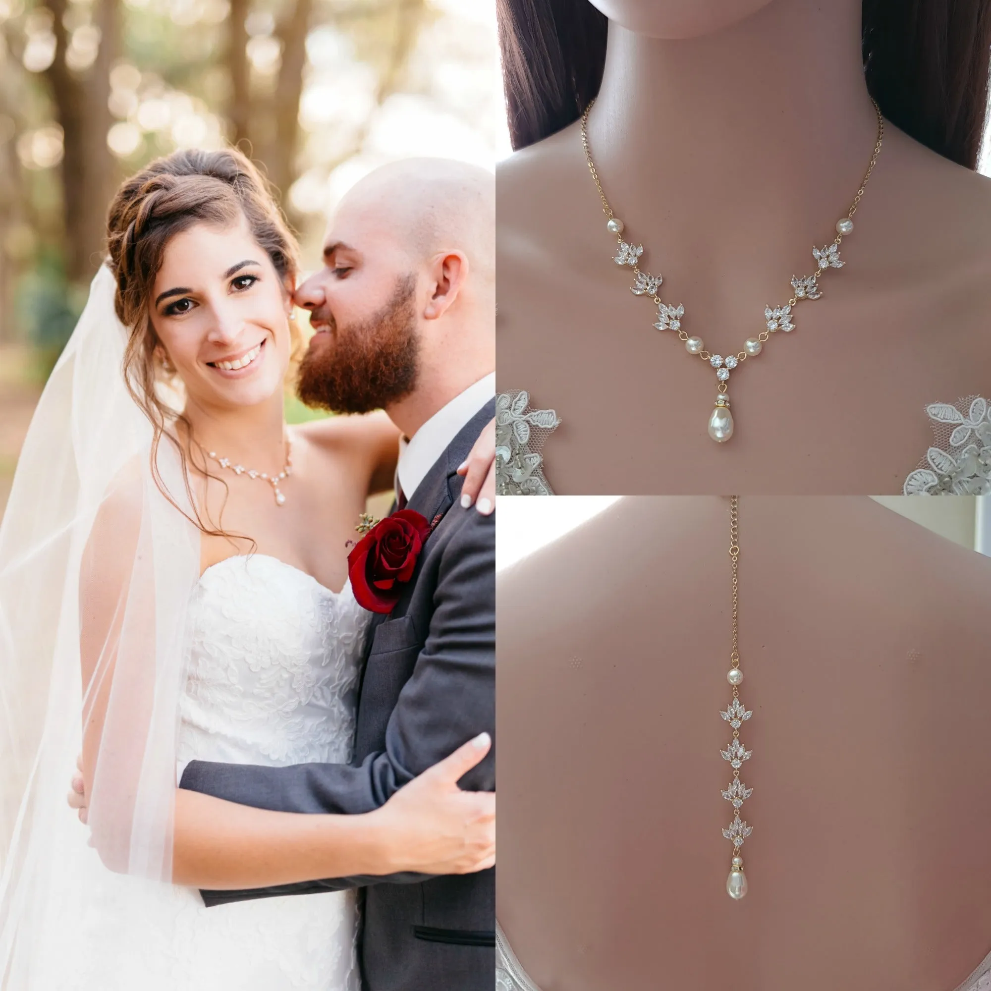 Pearl and Crystal Wedding Necklace with Backdrop for Bride-Rosa