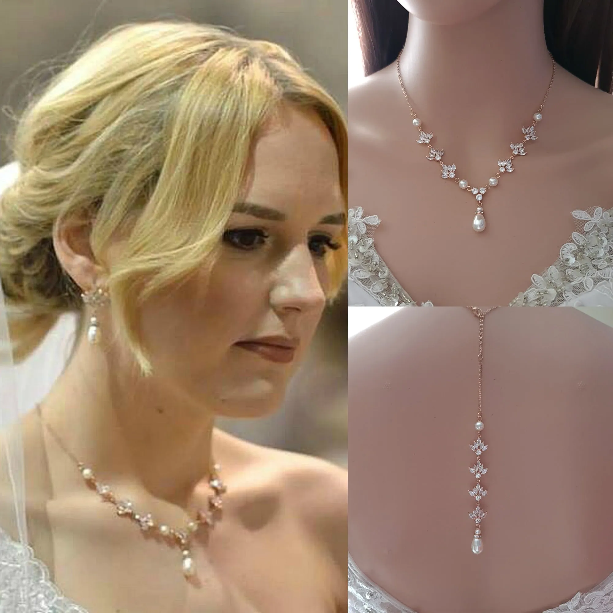 Pearl and Crystal Wedding Necklace with Backdrop for Bride-Rosa