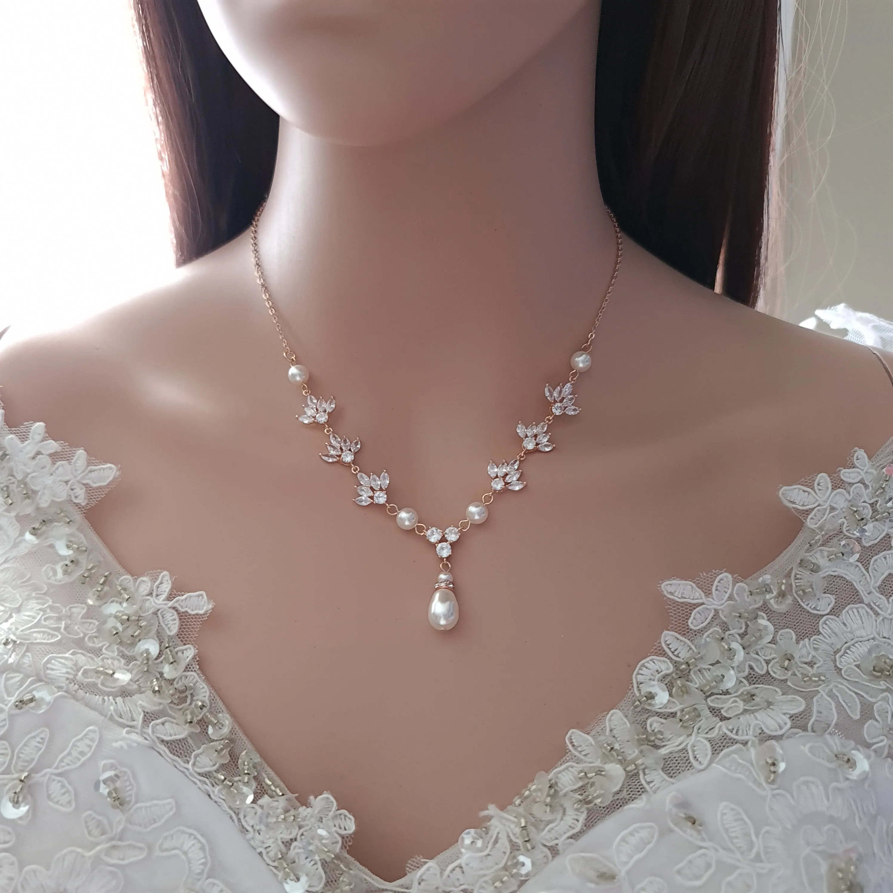 Pearl and Crystal Wedding Necklace with Backdrop for Bride-Rosa