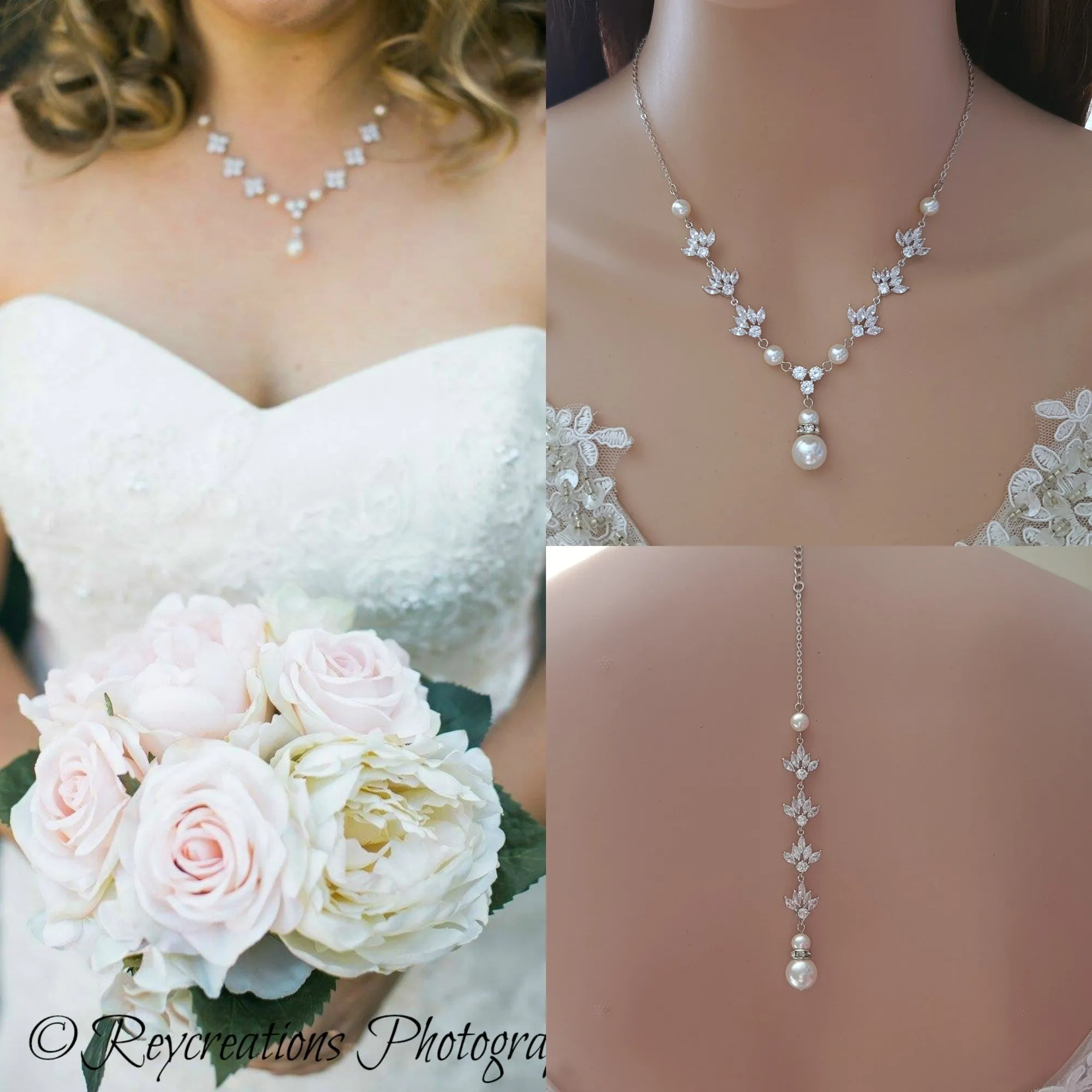 Pearl and Crystal Wedding Necklace with Backdrop for Bride-Rosa