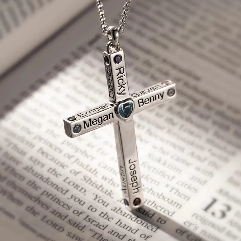 Personalized Birthstone Cross Necklace - Up to 12 Names