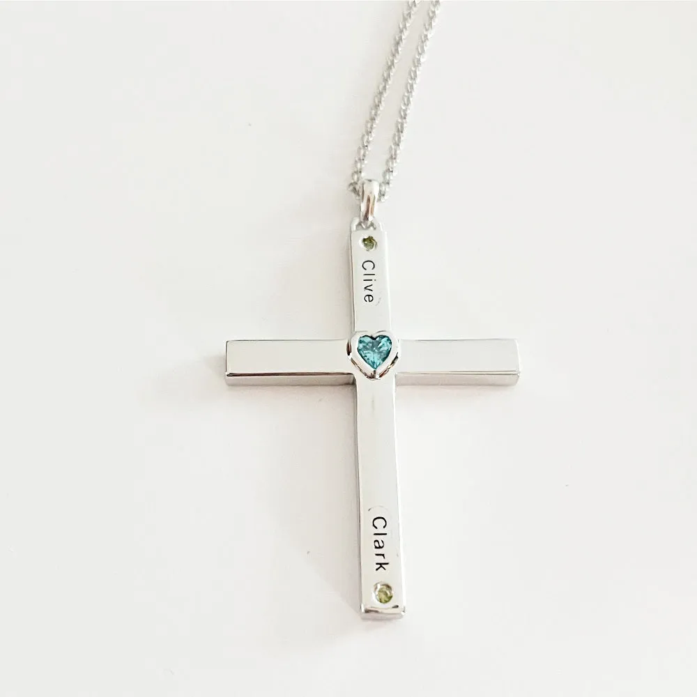 Personalized Birthstone Cross Necklace - Up to 12 Names