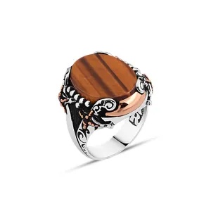 Plain Ellipse Tiger Eye Stone Silver Men's Ring Siding Double Sword and Silver Spheres