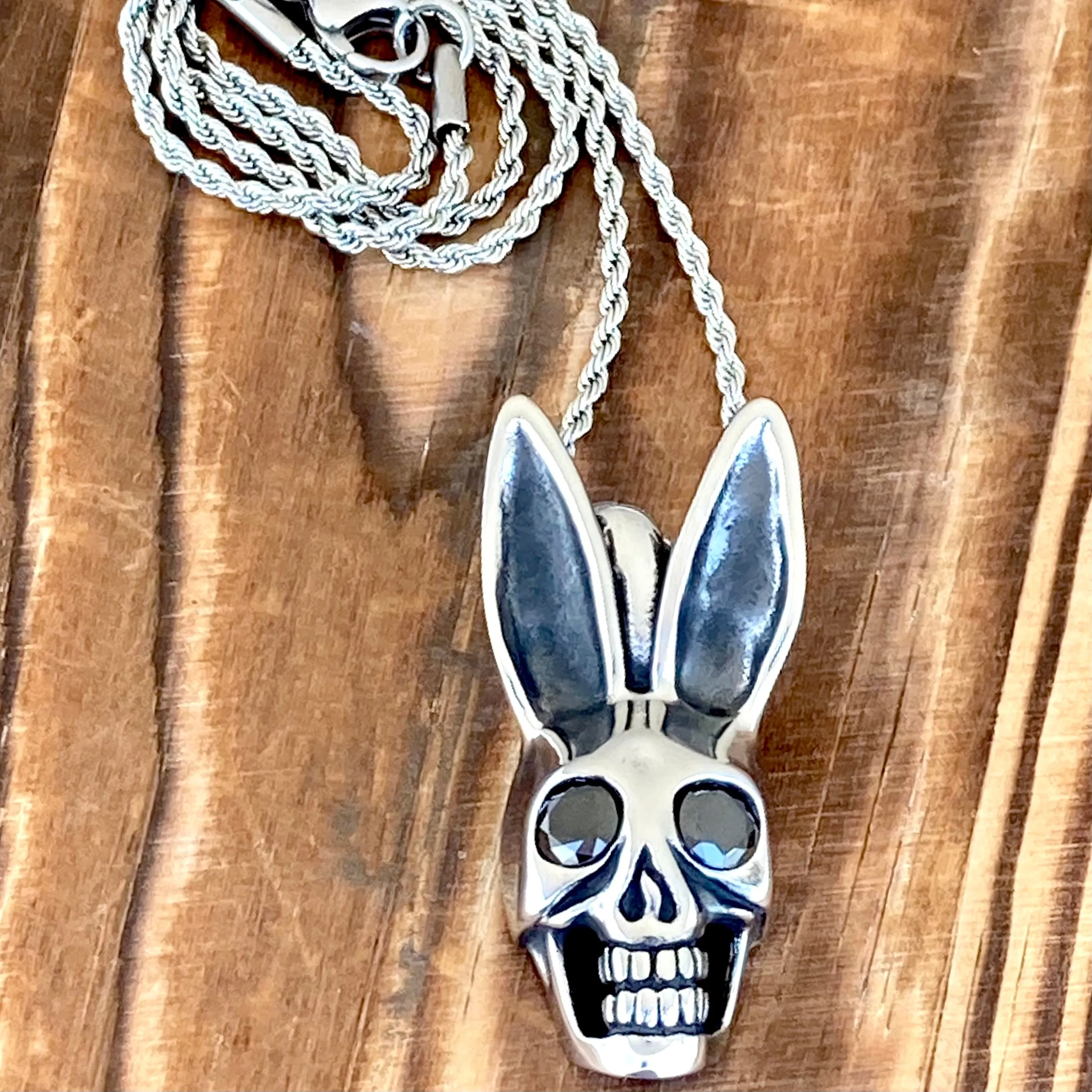 Playboy Bunny - Black Crystal Pendant - Rope Necklace or Omega - PEN289