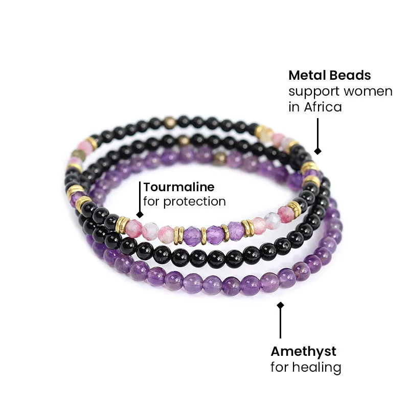 Protection and Good Energy Watermelon and Black Tourmaline Delicate Bracelet Set